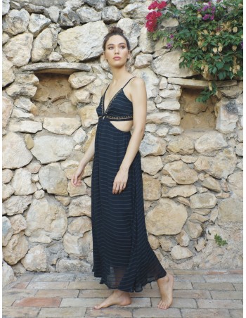 Vestido de tirantes largo negro boho cut out 2
