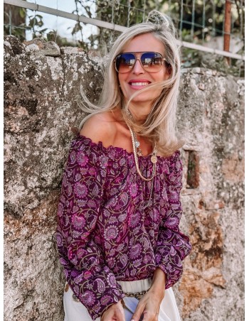 top blusa de seda morado estampado flores