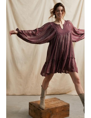 Vestido corto bohemio burdeos con bordados y lúrex