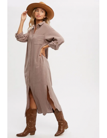 Vestido camisero de manga larga taupe 2