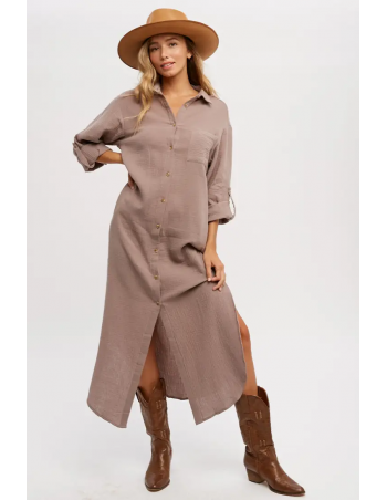 Vestido camisero de manga larga taupe